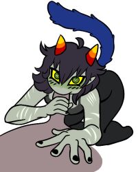 1boy 1girls 2021 black_hair black_nails blue_fur blush cat_tail fellatio green_eyes grey_skin heart-shaped_pupils homestuck horns karkat_vantas looking_at_viewer ms_paint_adventures naked nepeta_leijon oral penis pointy_ears pov short_hair sports_bra straight studentsmut tail troll white_background yoga_pants