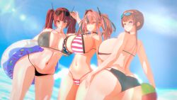 3girls american_flag_bikini azur_lane bikini black_bikini bremerton_(azur_lane) clothed honolulu_(azur_lane) honolulu_(summer_accident?!)_(azur_lane) huge_ass huge_breasts mischievous_smile multiple_girls nipples_visible_through_clothing paracetamolkoi posing red_hair swimsuit thick_thighs wet_skin zara_(azur_lane) zara_(poolside_coincidence)_(azur_lane)