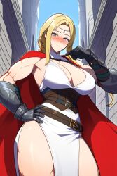 ai_generated biceps blonde_hair cape cleavage fire_emblem fire_emblem_heroes gauntlets gray_eyes greaves huge_breasts loincloth long_hair muscular_female muscular_thighs nintendo nose_blush nott_(fire_emblem) novelai pale_skin parted_bangs pointing_at_self sidelocks single_braid sleeveless