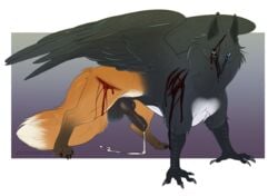 2016 alexandros animal_genitalia animal_penis avian balls beak bird black_penis blood canine canine_penis erection feathered_wings feathers feral fox fur gryphon hybrid knot male male_only mammal penis precum qwertydragon simple_background solo wings