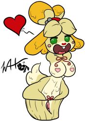 animal_crossing anthro blonde_hair breasts canid canine canis cupcake domestic_dog food food_creature food_transformation heart isabelle_(animal_crossing) mammal muniversalarts navel nintendo nipples open_mouth ponytail transformation yellow_body yellow_fur