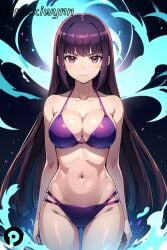 1girls ai_generated bangs bare_shoulders bikini breasts cleavage closed_mouth collarbone cowboy_shot female female_focus female_only highres large_breasts light-skinned_female light_skin long_hair looking_at_viewer navel pikkiwynn please_don't_bully_me,_nagatoro president_(nagatoro) purple_bikini purple_hair red_eyes sana_sunomiya solo swimsuit very_long_hair