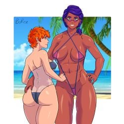 2girls ass bea_(brawl_stars) beach bikini borez_(artist) brawl_stars ginger_hair glasses multiple_girls rosa_(brawl_stars) sling_bikini tagme taller_female taller_girl