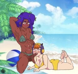 1futa 1girls balls bea_(brawl_stars) beach brawl_stars breasts clothed clothing dark-skinned_futanari dark_skin duo fellatio female futa_on_female futanari human kneeling light-skinned_female light_skin long_hair looking_over_eyewear looking_over_glasses looking_over_sunglasses mostly_nude muscular muscular_futanari oral patelito penis pink-tinted_eyewear purple_hair rosa_(brawl_stars) sex source_request sunglasses tinted_eyewear