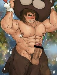 1boy abs animal_costume bar_censor bara bear_costume blush brown_hair censored clothing_aside cosplay cowboy_shot erection fate/grand_order fate_(series) highres huge_eyebrows large_pectorals looking_at_viewer male_focus male_only male_pubic_hair mature_male muscular muscular_male nanman_shi navel navel_hair nipple_piercing nipple_rings no_male_underwear orion_(bear)_(fate) orion_(bear)_(fate)_(cosplay) pectorals penis piercing pubic_hair removing_mask short_hair solo solo_male stomach strongman_waist super_orion_(fate) sweat topless_male veins veiny_penis very_sweaty
