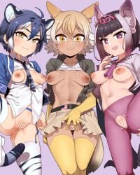 3girls animal_ears animal_humanoid bottomless breasts common_vampire_bat_(kemono_friends) coyote_(kemono_friends) female female_only georugu13 kemono_friends kemonomimi maltese_tiger_(kemono_friends) multiple_girls nipples no_panties pussy pussy_out skirt spread_legs tagme tail thighhighs tits_out