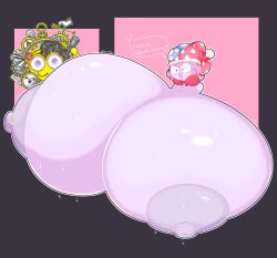 :3 artist_watermark bowtie breasts_bigger_than_head casual casual_nudity female female_only hyper_breasts kirby_(series) kirby_super_star marx nintendo nipple_piercing nude pink_hair red_bowtie rule_63 shiny_skin simple_background speech_bubble sweat teeth voctopie