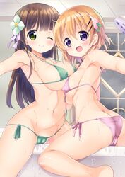 2girls ass bikini blonde_hair blush breasts brown_hair erect_nipples gochuumon_wa_usagi_desu_ka? green_bikini green_eyes hair_ornament hoto_cocoa kurou_(quadruple_zero) large_breasts long_hair looking_at_viewer medium_breasts multiple_girls navel one_eye_closed open_mouth outstretched_arm purple_bikini purple_eyes short_hair shower_head smile swimsuit ujimatsu_chiya wet