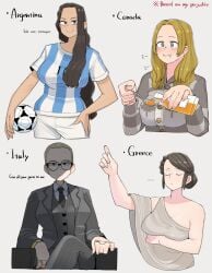4girls anthropomorphization argentina argentina_(ohasi) ball black_hair blonde_hair blue_eyes breasts brown_hair canada canada_(ohasi) clothing female female_only football football_uniform formal glasses greece greece_(ohasi) high_resolution italy italy_(ohasi) large_breasts long_hair maple_syrup multiple_girls national_personification ohasi ohasiart short_hair soccer_ball soccer_uniform sportswear suit three-piece_suit toga woman_in_suit