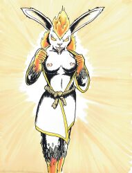 anthro breasts elemental_creature female fire flashing flashing_breasts hi_res lagomorph leporid mammal mera nipples nyghtmar3 rabbit simple_background solo traditional_media_(artwork)