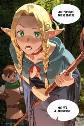 1boy 1girls bending_forward bent_over blonde_female blonde_hair blush braid braided_hair braided_twintails chilchuck_tims choker cleavage clothed clothing collarbone confused_look cute delicious_in_dungeon dialogue dialogue_bubble downblouse dungeon_meshi elf elf_female female first_deepthroat first_oral first_time french_braid green_eyes hair_ornament hair_ribbon hood hood_down huge_eyes imminent_deepthroat imminent_oral innocent light-skinned_female light_skin long_hair marcille_donato oblivious open_mouth oral oral_sex pale-skinned_female petite pointy_ears red_choker red_ribbon ribbon sexually_ignorant shy skinny slim slim_waist staff standing tricked tricked_into_blowjob twin_braids twintails unaware zumi