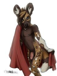 2016 african_wild_dog anthro blue_eyes brown_body brown_ears brown_fur brown_nose brown_tail canid canine digital_media_(artwork) erection eyebrows fabric fur genitals hair holding_object humanoid_genitalia humanoid_penis james_(sayuncle) male male_only mammal markings multicolored_body multicolored_fur multicolored_tail navel nipples nude penis sayuncle simple_background solo spots spotted_body spotted_fur standing tail urs white_background white_tail