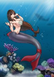 1girls bare_arms bare_shoulders big_breasts bra brown_hair color female female_focus female_only final_fantasy final_fantasy_vii fish hi_res kawaindex large_breasts light-skinned_female light_skin long_hair looking_at_viewer mermaid red_eyes solo solo_female square_enix tagme tifa_lockhart underwater water