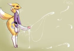 balls big_balls big_penis blush clothing cum digimon fidgeting gloves kingofacesx male male_only masturbation penis renamon simple_background solo