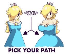 black_eyes blonde_hair breasts crown cute damonfive0 female looking_at_viewer mario_(series) princess_dress princess_rosalina size_comparison thick thin