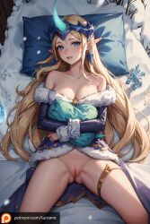 ai_generated blonde_hair blue_eyes earrings female female female_only fur girl horn ice iceberg league_of_legends league_of_legends:_wild_rift long_hair luname naked nude riot_games snow soraka winter_wonder_soraka