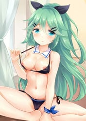 :o aqua_eyes bangs bare_arms bare_shoulders bikini bikini_pull black_bikini black_ribbon blue_eyes blush breasts cameltoe cleavage collarbone curtains detached_collar eyebrows_visible_through_hair female green_hair hair_between_eyes hair_ornament hair_ribbon hairclip hand_up kantai_collection long_hair looking_at_viewer medium_breasts navel nikoo nipples parted_bangs ponytail ribbon side-tie_bikini sitting sitting_indian_style solo strap_pull sunlight swimsuit tied_hair very_long_hair window wrist_ribbon yamakaze_(kantai_collection)