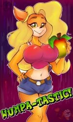 1boy 1boy1girl 1girls bandicoot big_breasts breasts clothed clothing color crash_(series) crash_bandicoot english_text female female_focus furry green_eyes hi_res humanoid jean_shorts large_breasts long_hair looking_at_viewer male male/female naughty_dog ottendo smile smiling tagme tawna_bandicoot text thick_thighs wumpa_fruit yellow_hair