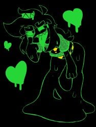 ass black_body black_eyes black_hair green_sclera hand_on_thigh heart leaning_forward long_hair me_irl phi_(phisnom) phisnom sharp_teeth shirt slime slime_girl smile tagme taunting tongue tongue_out