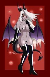 1girls big_breasts black_choker black_gloves black_high_heel_boots breasts cleavage curvaceous curvy_figure demon demon_girl eyepatch hazbin_hotel hourglass_figure lonnset loonset navel nipples_covered pink_eyes pussy_covered succubus succubus_horns succubus_tail succubus_vaggie succubus_wings thick_thighs vaggie_(hazbin_hotel) white_hair