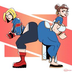 2girls ass ass_comparison ass_to_ass bending_over big_ass big_breasts blonde_hair boots bracelet breasts brown_hair cammy_white capcom china_dress chun-li comparing comparing_asses crop_top earrings eyeliner female female_only huge_ass human ineptoutcast jacket lipstick multiple_girls muscular_thighs scar slippers smile street_fighter street_fighter_6 thick_thighs yoga_pants