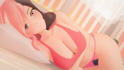 1girls 3d bed big_breasts bikini breasts brown_eyes brown_hair busty confident female from_side highres large_breasts legs looking_at_viewer lying makeup navel neo_(rwby) nyxxzeiss on_side pink_eyes pink_hair pose posing rwby seductive seductive_smile sensual smile solo swimsuit thighs