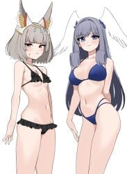 2girls alternate_costume animal_ears bikini black_bikini blue_bikini blue_eyes breasts cat_ears cat_girl core_crystal fried_bocky grey_hair head_wings highres looking_at_viewer medium_breasts melia_antiqua multiple_girls nia simple_background size_difference small_breasts swimsuit white_background wings xenoblade_(series) xenoblade_chronicles_3 yellow_eyes