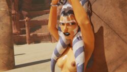 1girls 3d ahsoka_tano airress3d_(3d-modeller) alien alien_girl areolae arms_up athletic athletic_female attack_of_the_clones blender breasts chains clone_wars completely_nude completely_nude_female female female_only geonosis handcuffed highres kaldwin lekku lekku_(anatomy) looking_at_viewer lucasfilm medium_breasts nipples nude nude_female orange_body orange_skin outdoors outside pole presenting presenting_breasts shadow solo standing star_wars sunlight the_clone_wars:_season_seven tied_hands togruta unamused