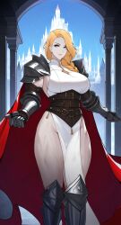 ai_generated blonde_hair blue_eyes cape fire_emblem fire_emblem_heroes gauntlets greaves huge_breasts loincloth long_hair muscular_female muscular_thighs nintendo nott_(fire_emblem) novelai pale_skin parted_bangs pauldrons sidelocks single_braid sleeveless