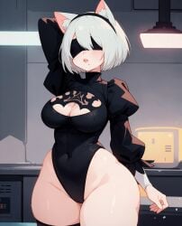 ai_generated big_breasts blindfold breasts cat_ears cat_girl cleavage female female_only hairband jorgecarlosai leotard long_sleeves mole neko_ears neko_girl nier nier:_automata nier_(series) posing short_hair solo solo_female thick thick_ass thick_thighs white_hair wide_hips yorha_2b