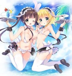 2girls adapted_costume animal_ears apron ass bangs bare_shoulders bikini black_shoes black_skirt blonde_hair blue_sky blunt_bangs blush breasts brown_hair coffee coffee_cup collarbone detached_collar drink fake_animal_ears fleur_de_lapin_uniform gochuumon_wa_usagi_desu_ka? green_eyes kirima_sharo kneeling kurou_(quadruple_zero) large_breasts long_hair looking_at_viewer microskirt multiple_girls navel one_eye_closed open_mouth palm_tree shoes sidelocks skirt sky small_breasts smile swimsuit thighhighs tray tree two_side_up ujimatsu_chiya waist_apron water white_bikini white_legwear wrist_cuffs