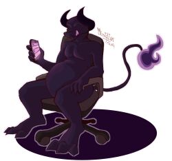 black_body black_horns black_tail bulging_belly eyeless eyeless_male fire_tail obsidian_trash preril_(assbeaterr34) purple_tongue sitting sitting_on_chair texting vore