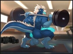 anthro anus ass balls big_penis blue_anus claws dragon erection famir_(artist) felkin fully_nude genitals glowing_genitalia gym hi_res horn lifting_weights male male_only mane nighdruth_(character) perineum plump_ass puffy_anus solo veiny_penis white_claws white_horn white_mane workout