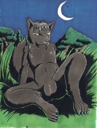 anthro black_body black_fur canid canine canis clitoris evening female flat_chested fur genitals grass hi_res mammal moon nature nipples nude nyghtmar3 plant pussy semi-anthro sitting solo spread_legs spreading traditional_media_(artwork) tree wolf young_female