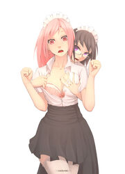 2girls artist_signature black_hair blouse bow bra breast_grab breasts buttons cleavage earrings eyelashes eyeliner female female/female female_only frilled_bra frills glasses grabbing grabbing_from_behind groping hands_up hi_res highres jewelry leartni lingerie long_hair maid maid_headdress makeup medium_breasts multiple_girls open_mouth original pink_bra pink_hair purple_eyes red_eyes shiny shiny_hair shirt skirt stockings thighhighs underwear white_legwear yuri