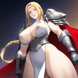 ai_generated blonde_hair cape cleavage fire_emblem fire_emblem_heroes gauntlets gray_eyes huge_breasts loincloth long_hair muscular_female muscular_thighs nintendo nott_(fire_emblem) novelai pale_skin parted_bangs pauldrons sidelocks single_braid sleeveless