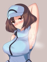 1girls absurdres ace_trainer_(pokemon) ace_trainer_(pokemon_sm) arm_behind_head arm_up armpit armpit_fetish armpit_focus armpits bare_shoulders blush breasts brown_eyes brown_hair cum cum_on_armpit cum_on_body cum_on_upper_body ebon_umax embarrassed eyelashes female female_only grey_background hat high_collar highres human large_breasts looking_at_viewer npc npc_trainer outstretched_arm pokemon pokemon_sm shirt short_hair showing_armpits simple_background sleeveless solo sweat upper_body visor_cap