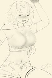 1girls alcohol blush bottle closed_eyes crop_top drooling drunk female_pubic_hair greyscale limbus_company medium_breasts medium_hair monochrome olga_(library_of_ruina) open_mouth project_moon pubic_hair pubic_hair_peek shorts sitting thick_thighs tied_shirt unzipped