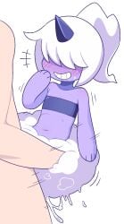 1_horn air_creature air_humanoid clothing flat_chest male/female penetration ponytail purple_body purple_skin smile thrusting tube_top white_hair