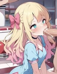 actualtrashhuman ai ai_generated blonde_hair blowjob blue_dress choker diner dress fellatio hairbow long_hair public_sex slut waitress waitress_uniform wavy_hair