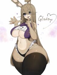 1girls big_breasts black_thighhighs brown_hair bunny_ears bunny_girl choker earrings female female_only finger_to_mouth five_nights_at_freddy's five_nights_at_freddy's:_help_wanted glitchtrap heart heart-shaped_pupils humanoid joints long_hair looking_at_viewer purple_eyes ribbon rule_63 smiling smiling_at_viewer solo text thick_thighs thighhighs tight_clothing toge77789 togetoge underboob white_background