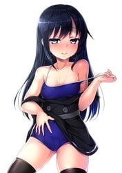 asashio_(kantai_collection) bangs black_hair black_legwear blue_eyes blue_mizugi blue_swimsuit blush closed_mouth collarbone competition_school_swimsuit dress dress_pull female kantai_collection lifted_by_self long_hair looking_at_viewer mizugi one-piece_swimsuit pinafore_dress pulled_by_self remodel_(kantai_collection) satou_kuuki school_uniform sidelocks simple_background smile solo strap_pull swimsuit swimsuit_pull swimsuit_under_clothes thighhighs wet white_background