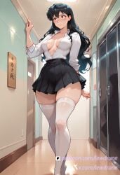ai_generated anime black_hair black_skirt blush brown_eyes female from_behind hallway illustration indoors inuyasha kagome_higurashi ladder lewdrune long_hair looking_away medium_breasts no_bra school_uniform standing thigh_highs upskirt white_blouse white_thigh_highs