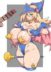 1boy 1girls alternate_version_available blonde_hair breasts censored cum cum_on_breasts dark_magician_girl dd_(artist) female green_eyes hat huge_breasts large_breasts leaking_cum long_hair male naughty_face nipples pasties penis star_pasties thick_thighs witch_hat yu-gi-oh!