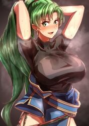 1girls absurdres armpits arms_behind_back black_shirt blush breasts female female_only fire_emblem fire_emblem:_the_blazing_blade green_eyes green_hair heavy_breathing highres large_breasts long_hair looking_at_viewer lyn_(fire_emblem) musk ponytail shirt simple_background solo steaming_body sweat sweaty to_(tototo_tk) very_long_hair