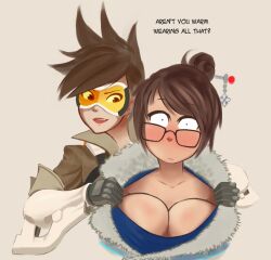 2girls big_breasts blizzard_entertainment blush brown_hair clothed clothing color embarrassed english_text exposed_breasts female female_focus female_only glasses hi_res kawaindex large_breasts long_hair looking_at_viewer mei_(overwatch) multiple_girls orange-tinted_eyewear overwatch overwatch_2 short_hair solo_female superheroine tagme text tinted_eyewear tracer undressing