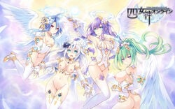 4girls ahoge angel_wings aqua_eyes areolae black_heart blanc blue_hair braid breasts cleavage elbow_gloves flower gloves green_hair green_heart hair_between_eyes hair_flower hair_ornament halo highres jewelry large_breasts long_hair looking_at_viewer multiple_girls navel neptune_(neptunia) neptunia_(series) nipples noire open_mouth outstretched_arms parted_lips ponytail power_symbol purple_eyes purple_hair purple_heart_(neptunia) pussy red_eyes sideboob small_breasts smile thighhighs tied_hair twin_braids uncensored vert very_long_hair white_hair white_heart wings