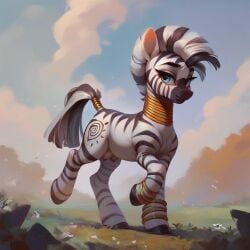 1girls ai_generated blue_eyes crotchboobs cutie_mark equid equine eyebrows female female_only feral feral_only friendship_is_magic fur hasbro hooves jewelry mammal mohawk my_little_pony nipples quadruped striped_body striped_fur stripes tail zebra zecora_(mlp)