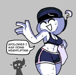 2girls :o arcaned_roses black_bra black_hat booty_shorts hat heart packy_pandora_(roses_arcaned) roses_arcaned sports_bra sweat sweating sweaty sweaty_body tagme text text_bubble tutor_(roses_arcaned) white_body