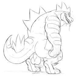 1:1 anthro anus balls bodily_fluids crazydrak excessive_genital_fluids excessive_precum feraligatr flaccid foreskin generation_2_pokemon genital_fluids genitals grin hi_res looking_at_viewer male monochrome nintendo nude penis perineum pokemon pokemon_(species) precum precum_string side_view simple_background smile solo solo_male standing tongue tongue_out uncircumcised vein veiny_penis